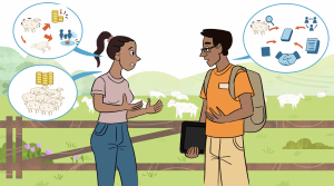 image of a farmer talking to a researcher